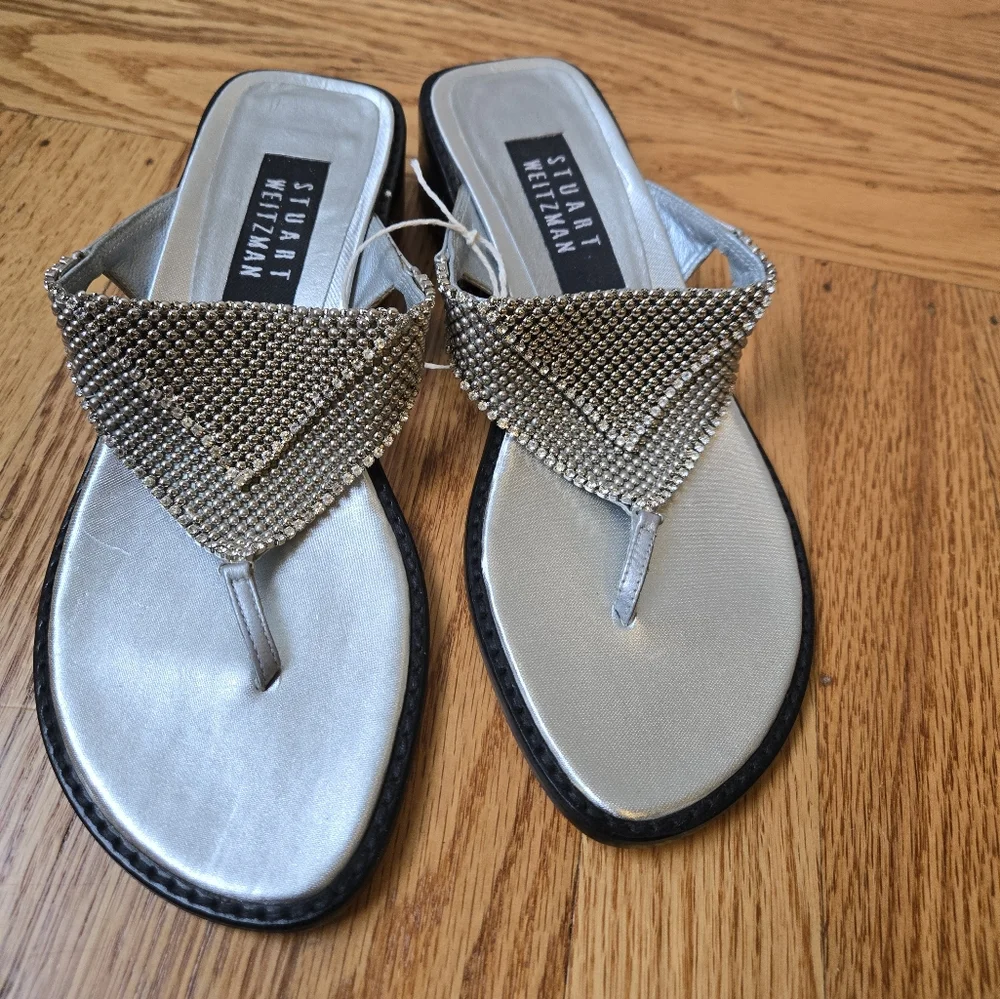 Vintage NWOB Stuart Weitzman Silver Metal Beads and Rhinestones Thong Sandals - Picture 1 of 10